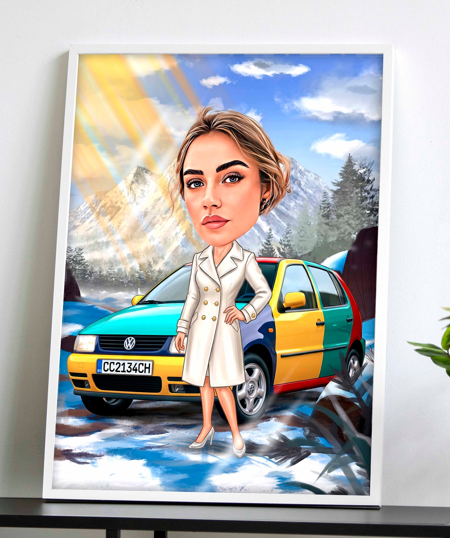 Светеща карикатура „Човек в снега с кола“