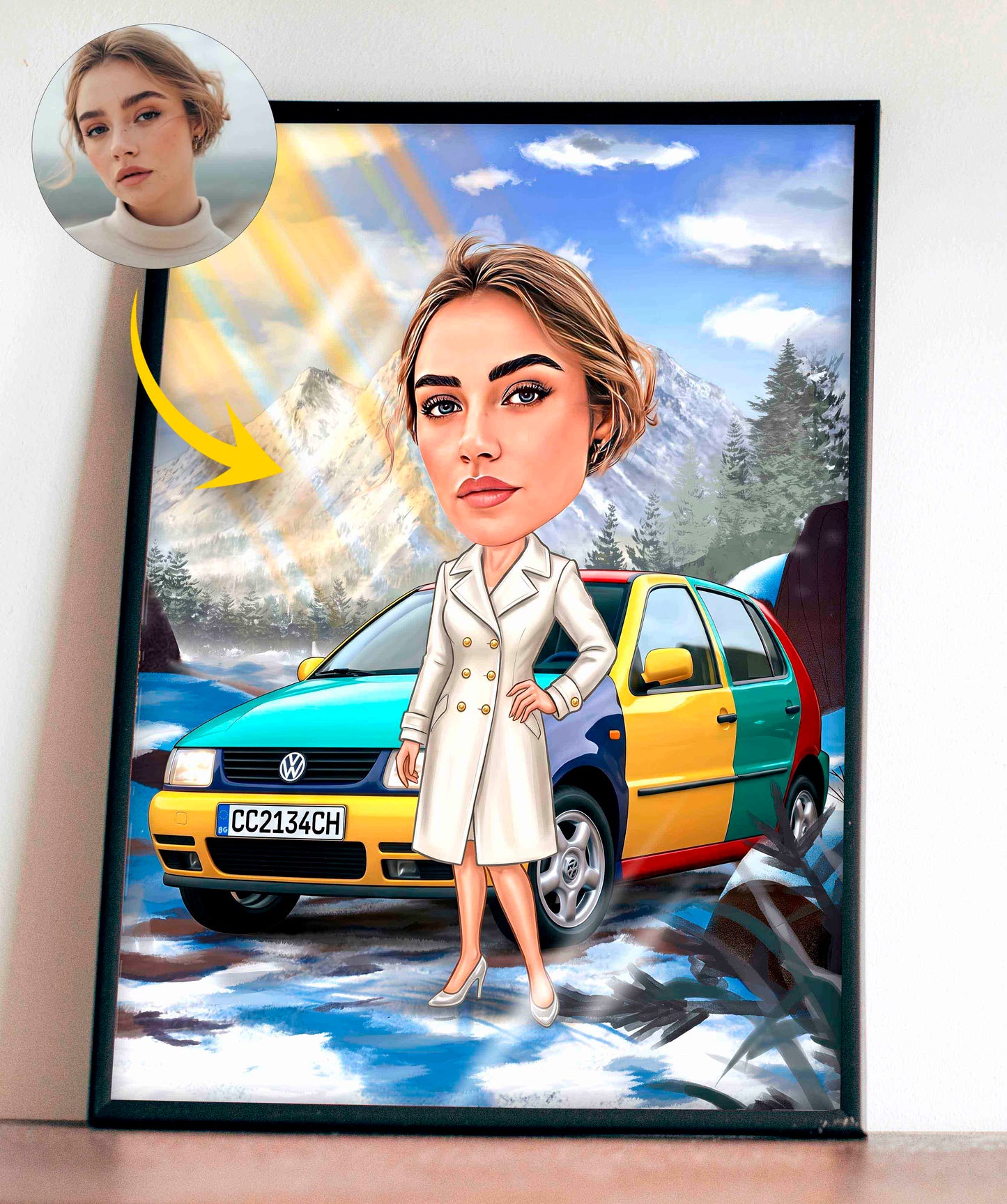 Светеща карикатура „Човек в снега с кола“