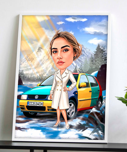 Светеща карикатура „Човек в снега с кола“